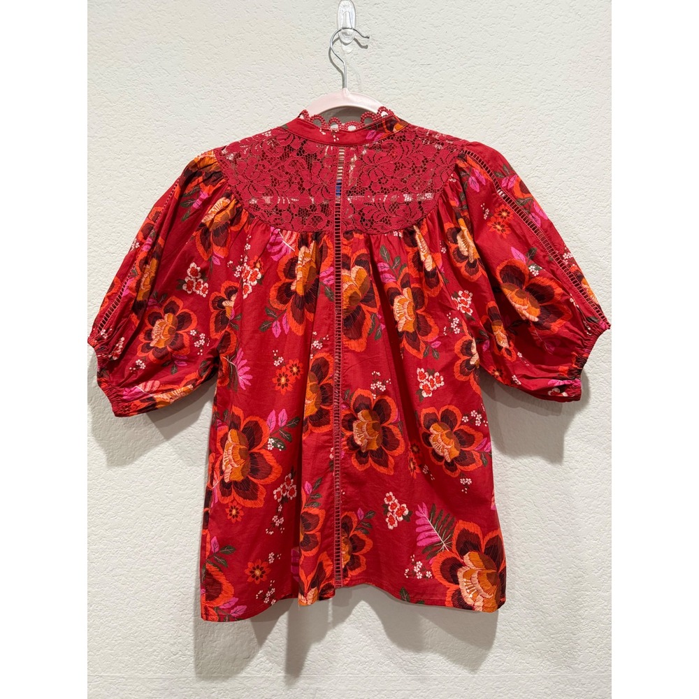 Farm Rio Floral Lace Blouse Red XS Puff Sleeve Button up Boho Lightweight Cotton - Picture 3 of 11